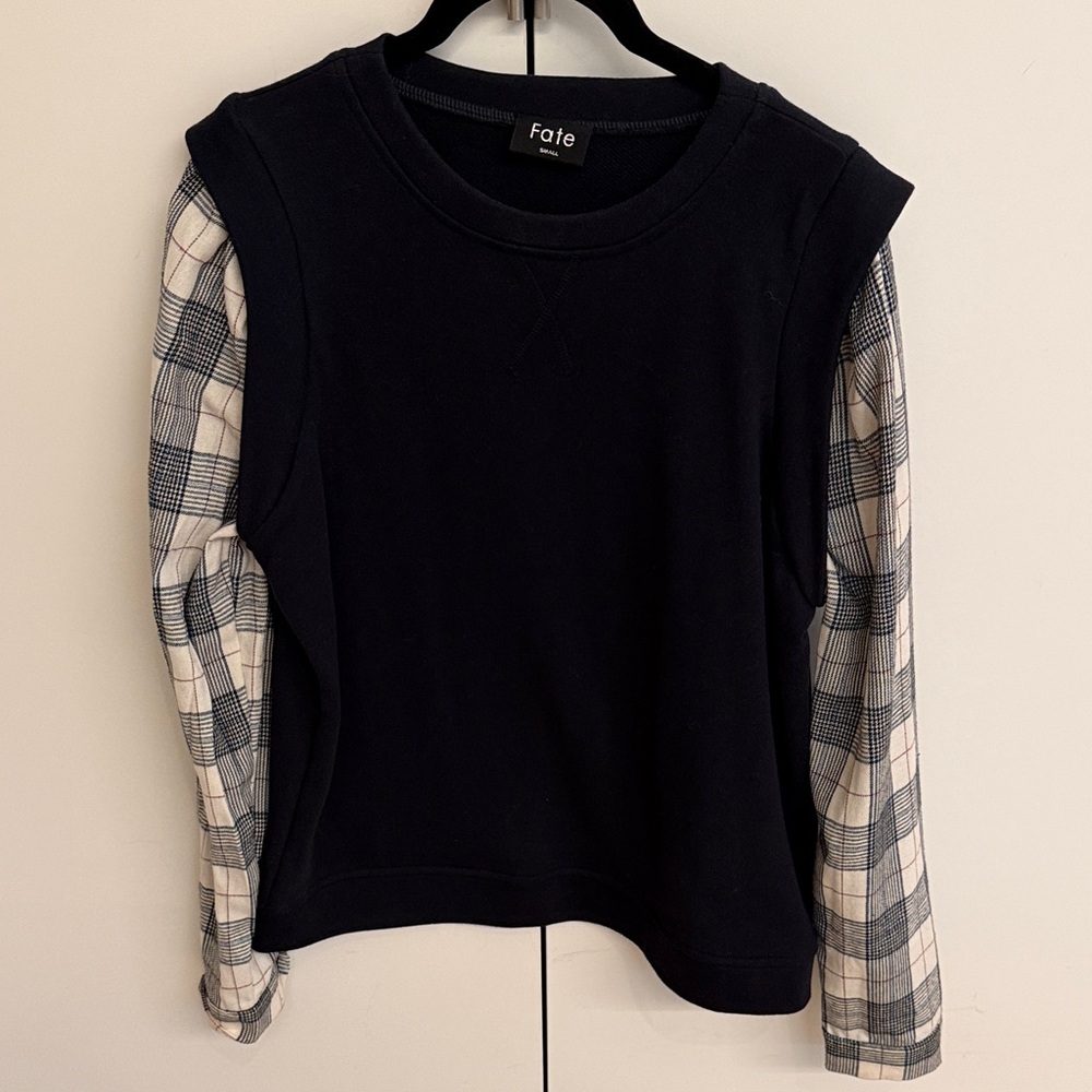 Fate Navy Top with Plaid Sleeves